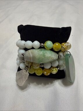 Layered Green and White Beaded Stretch Bracelet Set